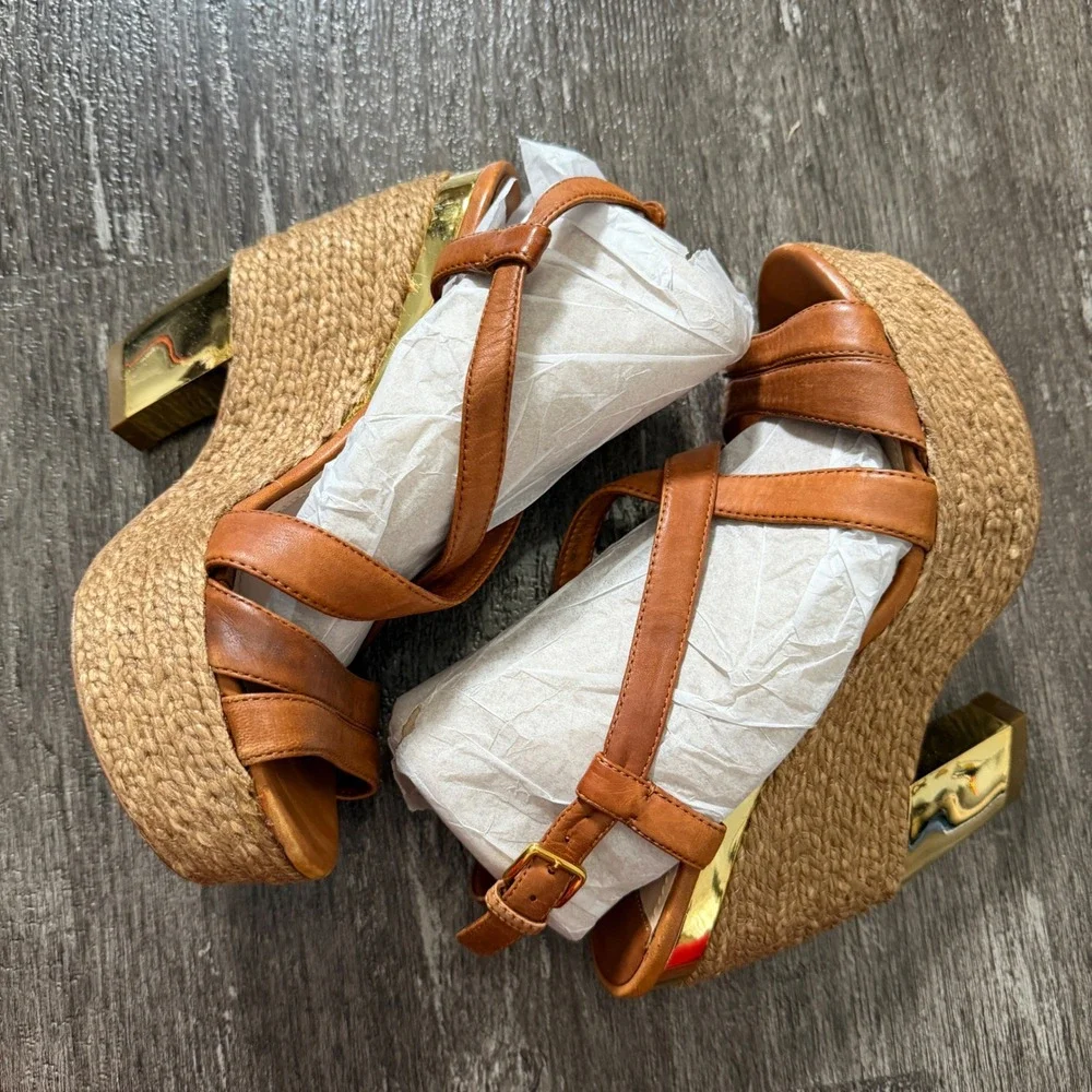 Miu Miu Brown Leather Espadrille Wedge Sandals Gold Accent Heel 34.5 EU / 4.5 US
